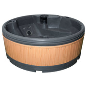 RotoSpa QuatroSpa 6 person hot tub in dark grey with teak panels, front view