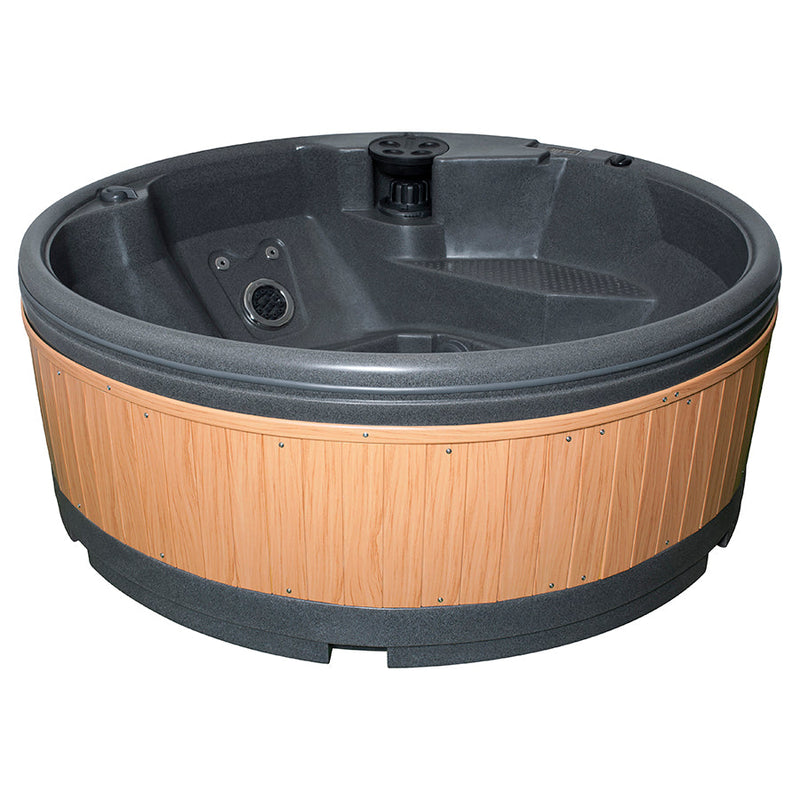 RotoSpa QuatroSpa 6 person hot tub in dark grey with teak panels, front view