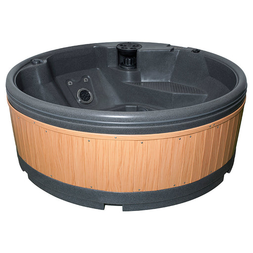RotoSpa QuatroSpa 6 person hot tub in dark grey with teak panels, front view
