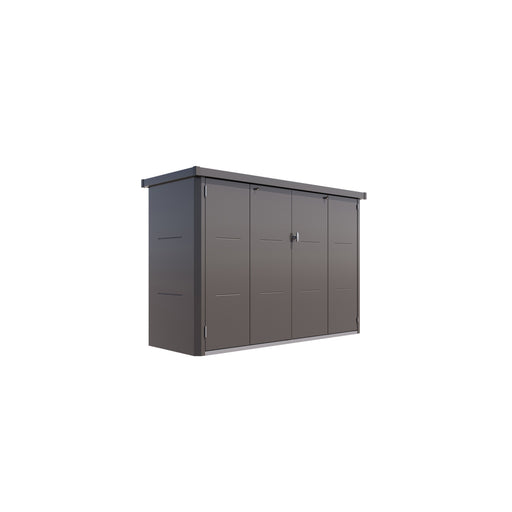 Telluria Velotto metal bike storage shed in anthracite, 203cm wide with the bi-folding doors closed