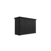 Telluria Velotto metal bike storage shed in black, 203cm wide with the bi-folding doors closed