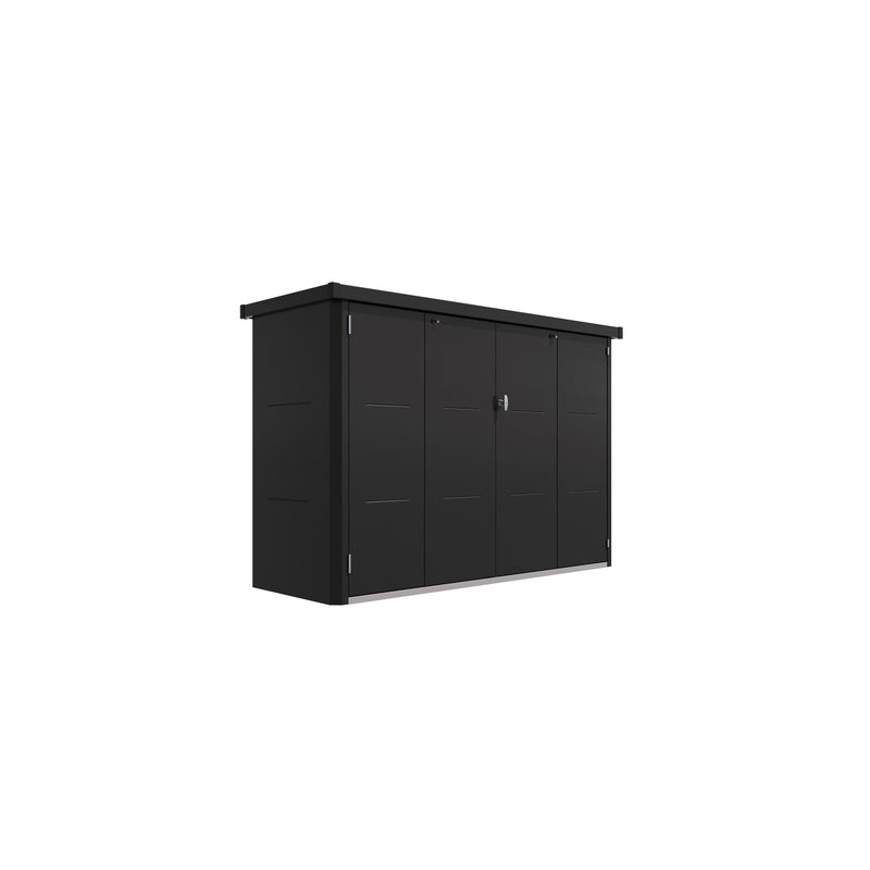 Telluria Velotto metal bike storage shed in black, 203cm wide with the bi-folding doors closed