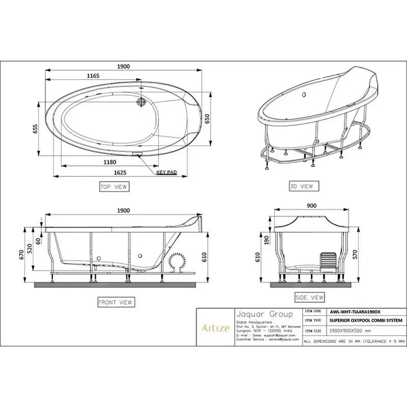 technical drawing of artize tiaara oxypool bathtub