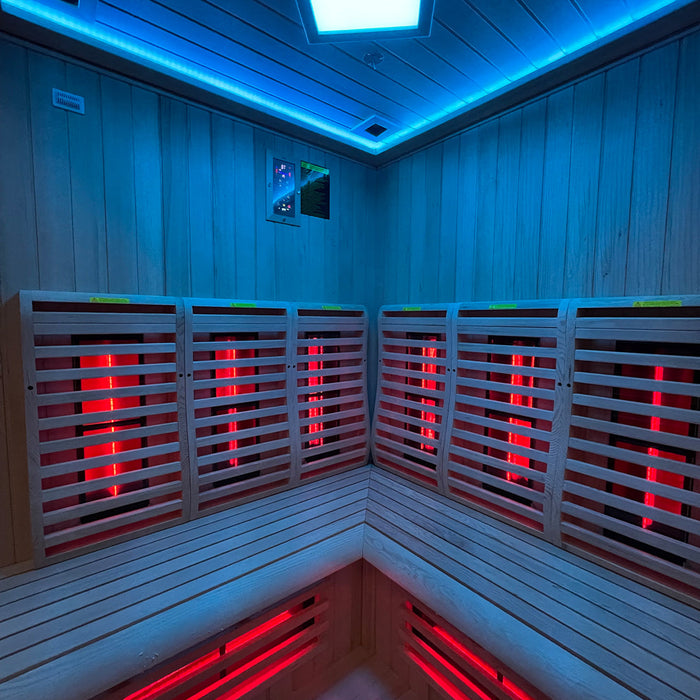 Insignia KY006 sauna interior, baby blue lighting wide view