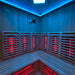 Insignia KY006 sauna interior, baby blue lighting wide view