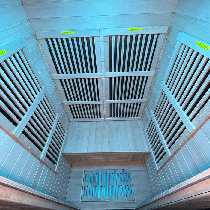 Insignia KY004 sauna interior, blue lighting high angle