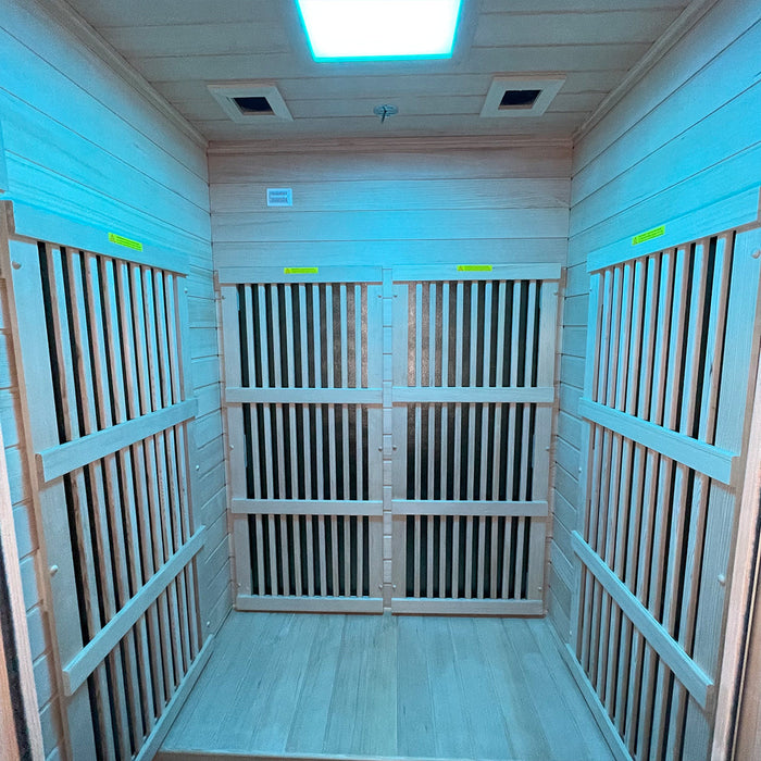 Insignia KY004 sauna interior, blue lighting mid angle