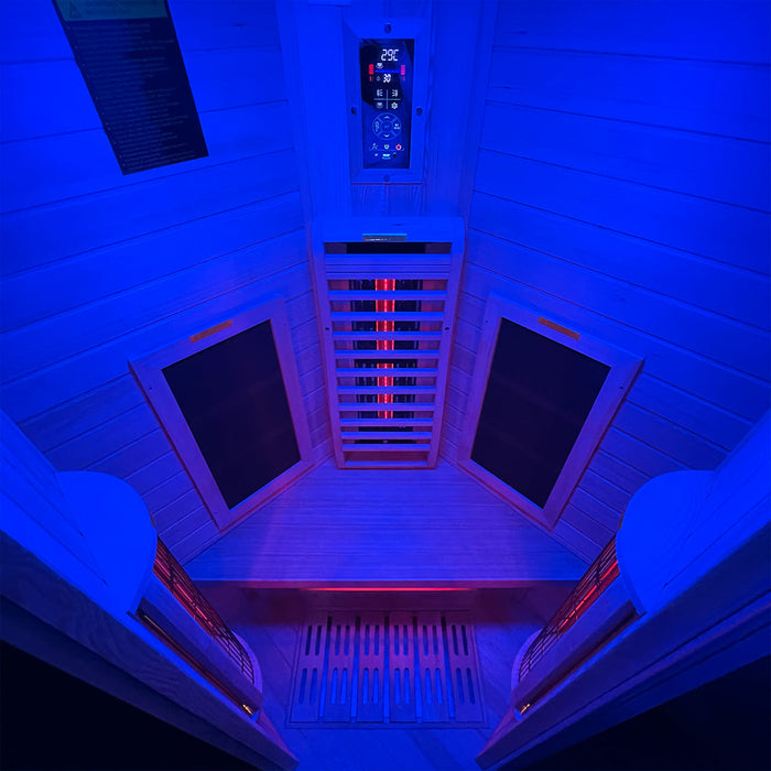 Insignia KY003 sauna, wide angle interior with blue lighting