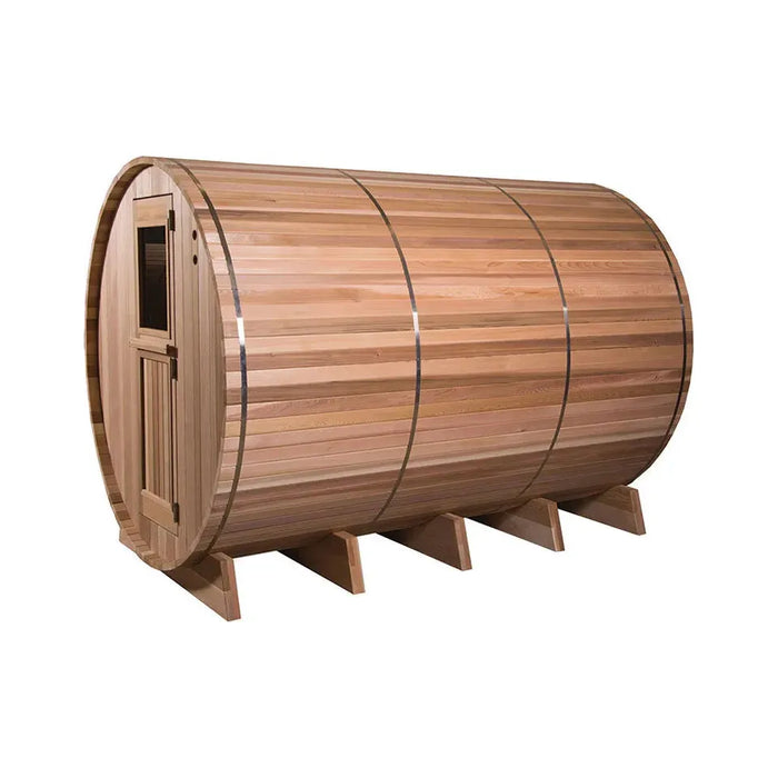 Fonteyn Grandview 8 person barrel sauna, outdoor installation