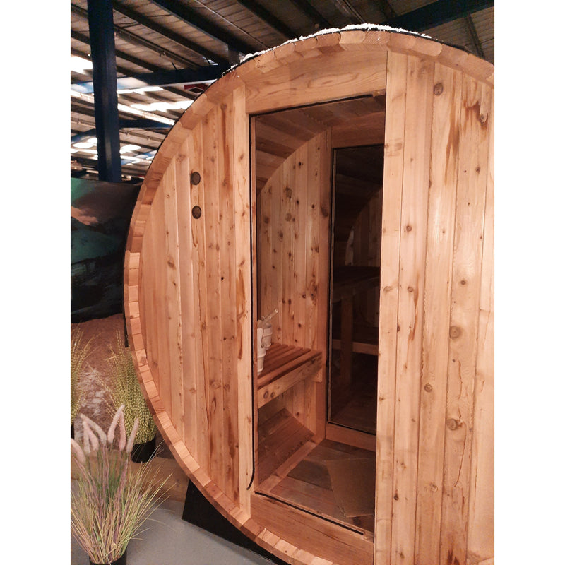 Fonteyn Grandview red cedar barrel sauna 8 person, front view