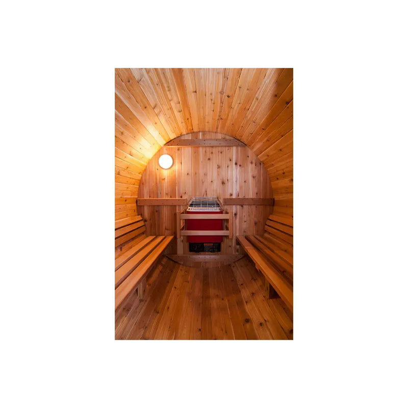 Fonteyn Rustic barrel sauna interior, small entry porch