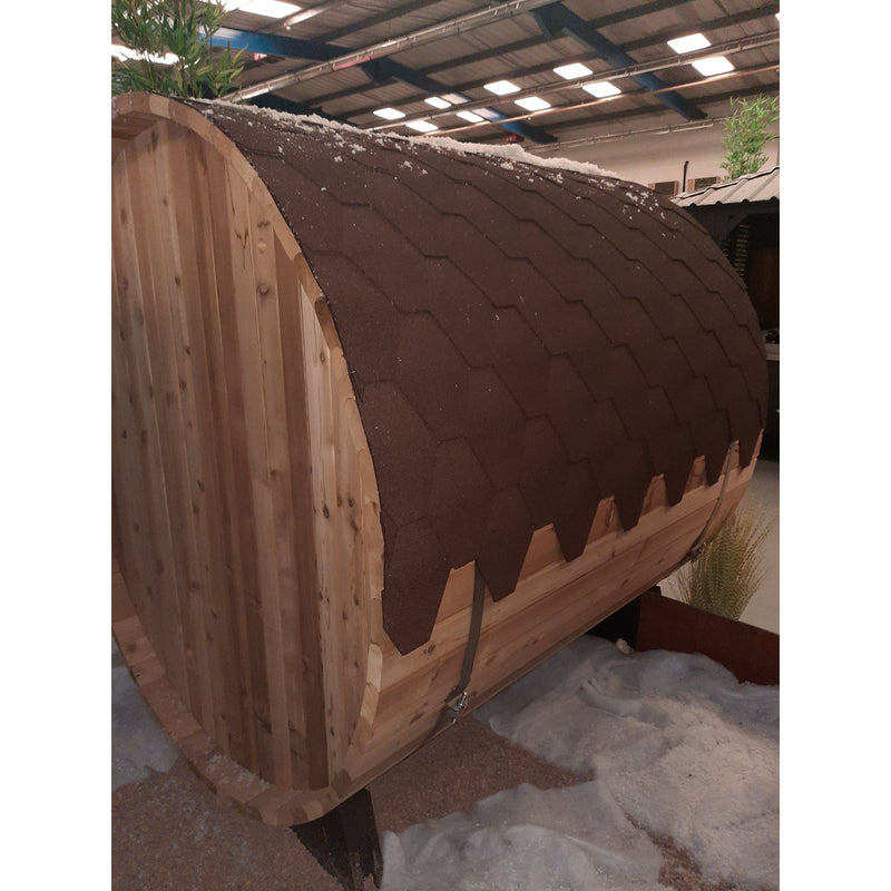 Fonteyn Rustic 6ft barrel sauna, exterior cedar wood finish