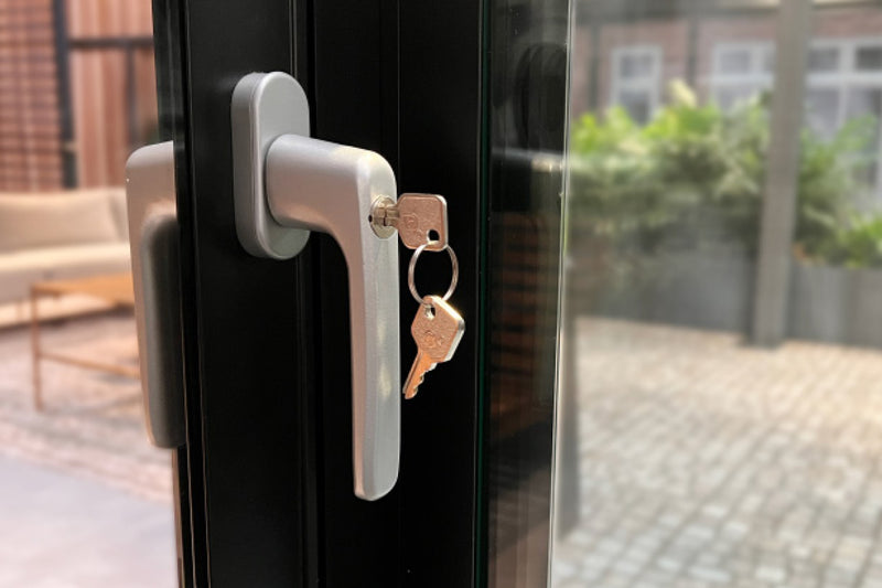 The lock supplied with the Telluria sliding doors, key in the barrel, which is what makes the closed-in building secure