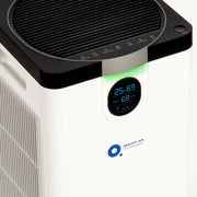 Air purifier with digital display and 'Healthy Air Technology' logo on a white background