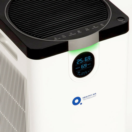 Air purifier with digital display and 'Healthy Air Technology' logo on a white background