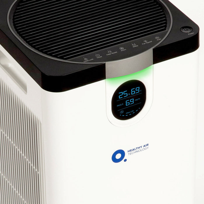 Air purifier with digital display and 'Healthy Air Technology' logo on a white background