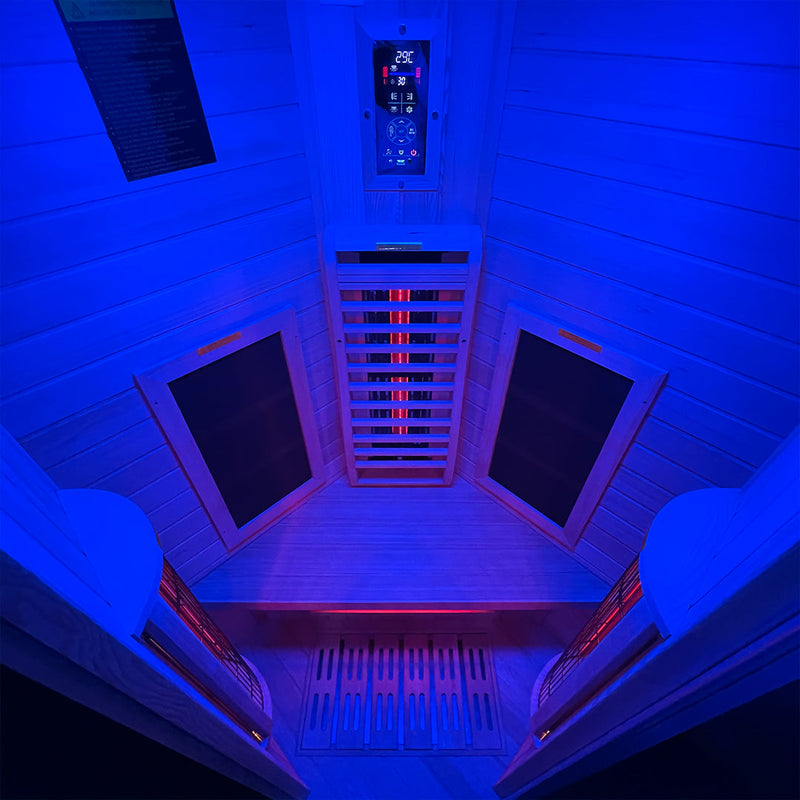 Insignia KY003 sauna, wide angle interior with blue lighting