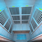 Insignia KY004 sauna interior, blue lighting high angle