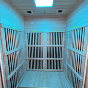 Insignia KY004 sauna interior, blue lighting mid angle