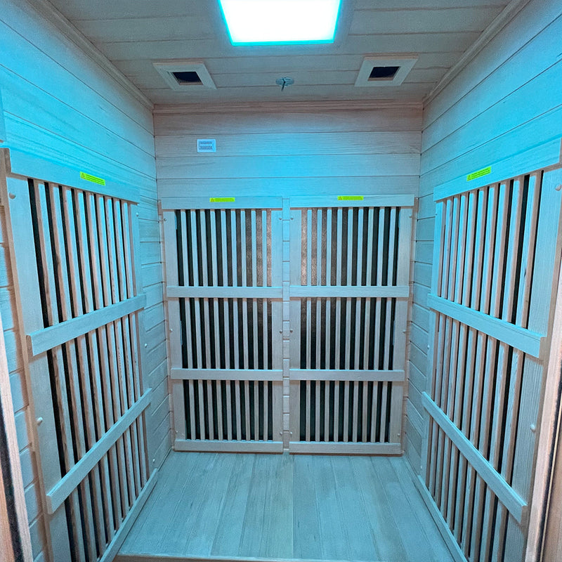 Insignia KY004 sauna interior, blue lighting mid angle
