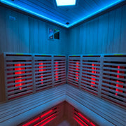 Insignia KY006 sauna interior, baby blue lighting wide view