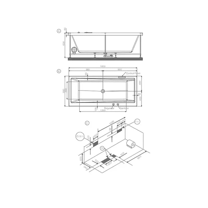 Technical drawing of Jaquar kubix prime whirlpool