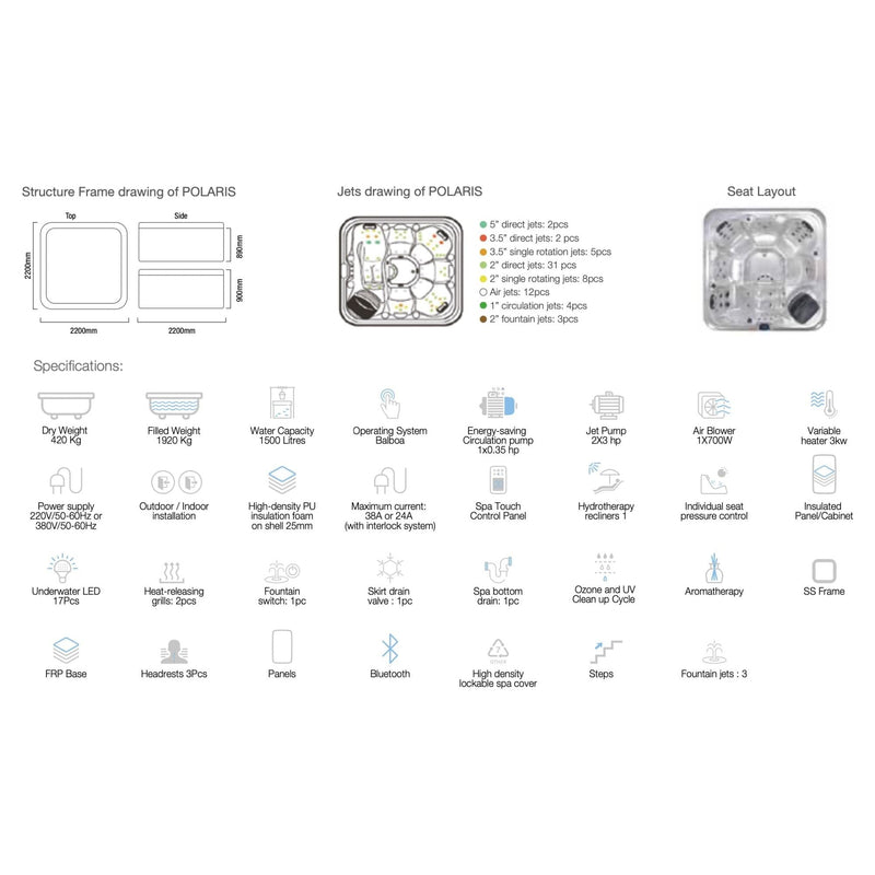 Jaquar Polaris hot tub with underwater LED lighting