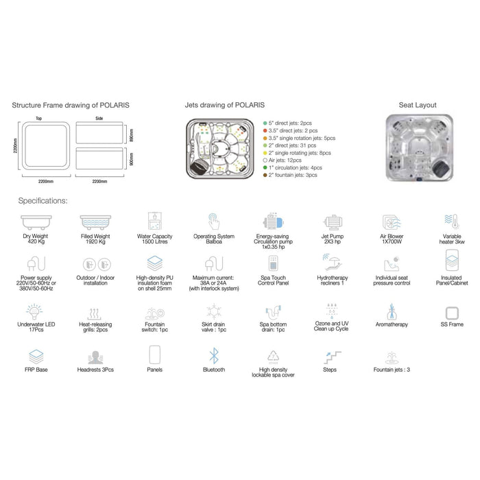 Jaquar Polaris hot tub with underwater LED lighting