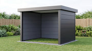 Telluria Singolo 3630 steel garden lounge in anthracite standing on a lawn, the open front facing planted borders and a timber fence, showing how 10.7 square metres of covered space sits in a garden