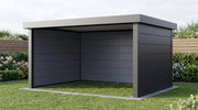 Telluria Singolo 4836 steel garden lounge in anthracite standing on a lawn, the open front facing planted borders and a timber fence, showing how 17.1 square metres of covered space sits in a garden