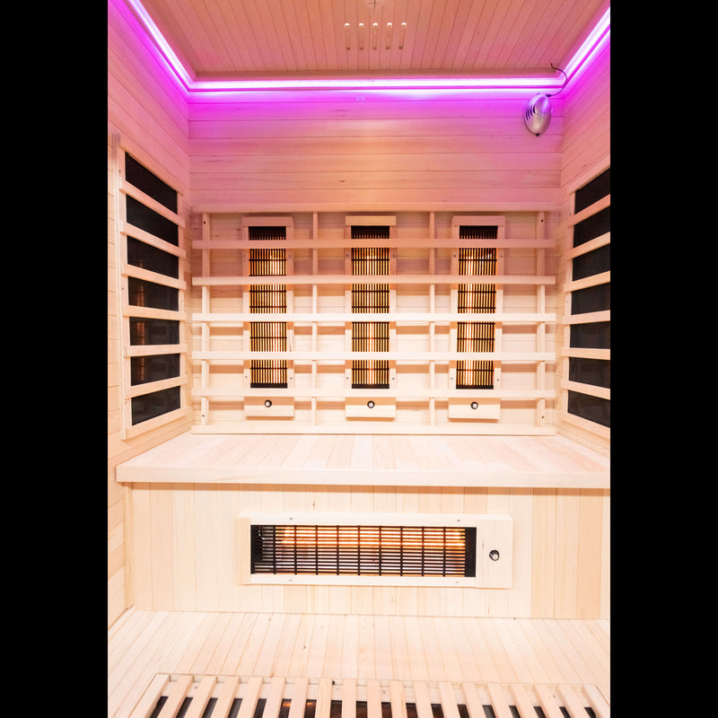 Far Infrared sauna with wooden interior and LED lighting