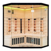 uk lux 4 person corner Infrared sauna with wooden interior and glass door