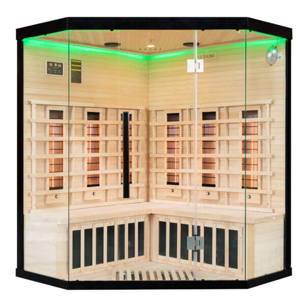 uk lux 4 person corner Infrared sauna with wooden interior and glass walls