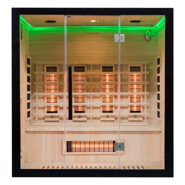 uk lux 4 person Infrared sauna with wooden interior and glowing lights