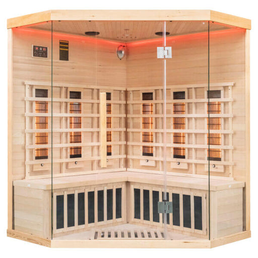 Corner far infrared sauna with wooden interior and glass walls.