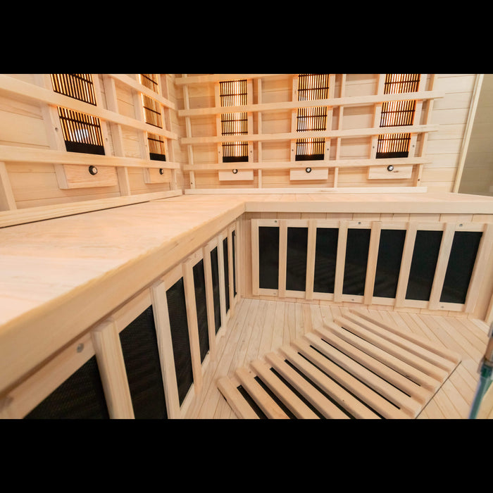 Miracle 4 person corner sauna interior with benches