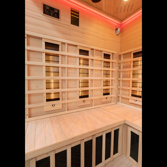 miracle sauna 4 person corner sauna with red light on ceiling