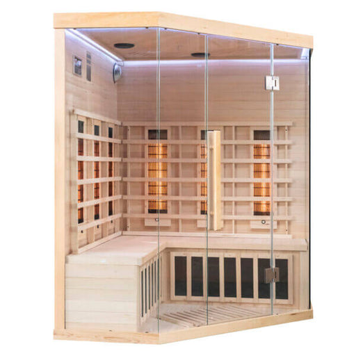 Miracle far Infrared corner sauna with wooden interior and glass door 