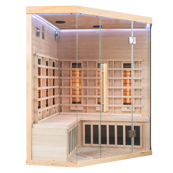 Miracle far Infrared corner sauna with wooden interior and glass door 