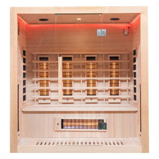 miracle far Infrared sauna with wooden design and red interior lighting.