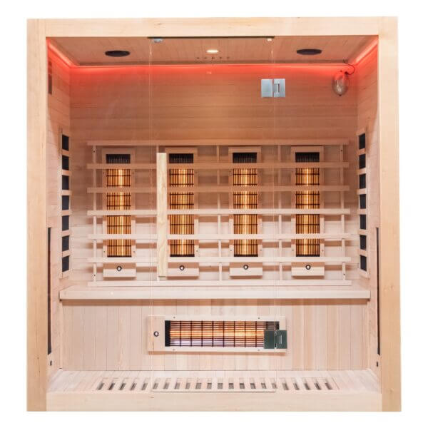 miracle far Infrared sauna with wooden design and red interior lighting.
