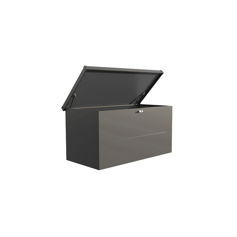 Telluria Nevio 160 garden cushion storage box in anthracite, lid raised to show the 155cm by 75cm space inside