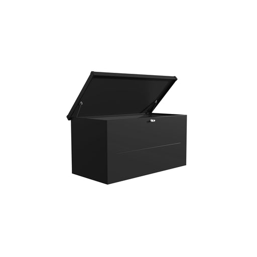 Telluria Nevio 160 garden cushion storage box in black, lid raised to show the space inside