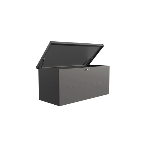 Telluria Nevio 180 garden storage box in anthracite, lid raised to show the 175cm by 75cm space inside