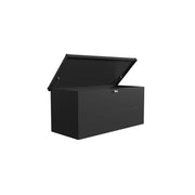 Telluria Nevio 180 garden storage box in black, lid raised to show the space inside