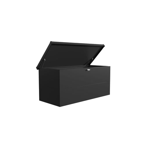 Telluria Nevio 180 garden storage box in black, lid raised to show the space inside