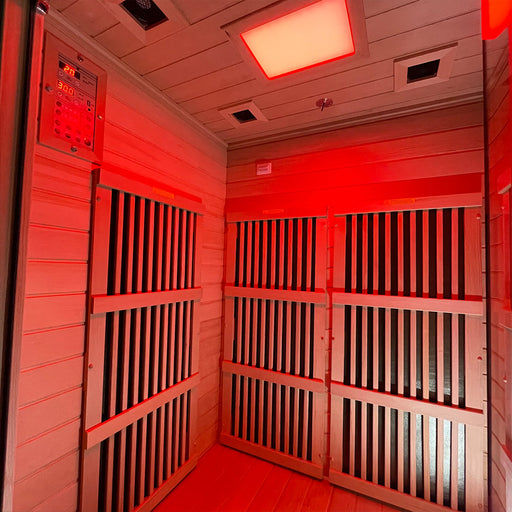 Insignia KY004 sauna in red exterior finish, wide shot
