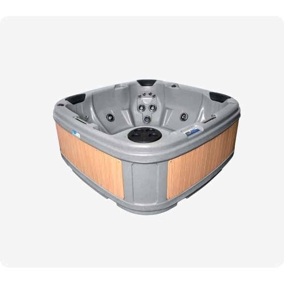 RotoSpa DuraSpa S160 hot tub in light grey with teak panels