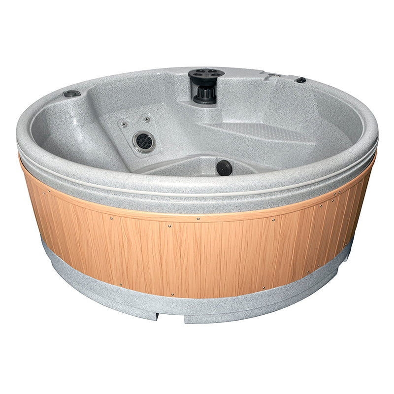 RotoSpa QuatroSpa 6 person hot tub in light grey with teak panels
