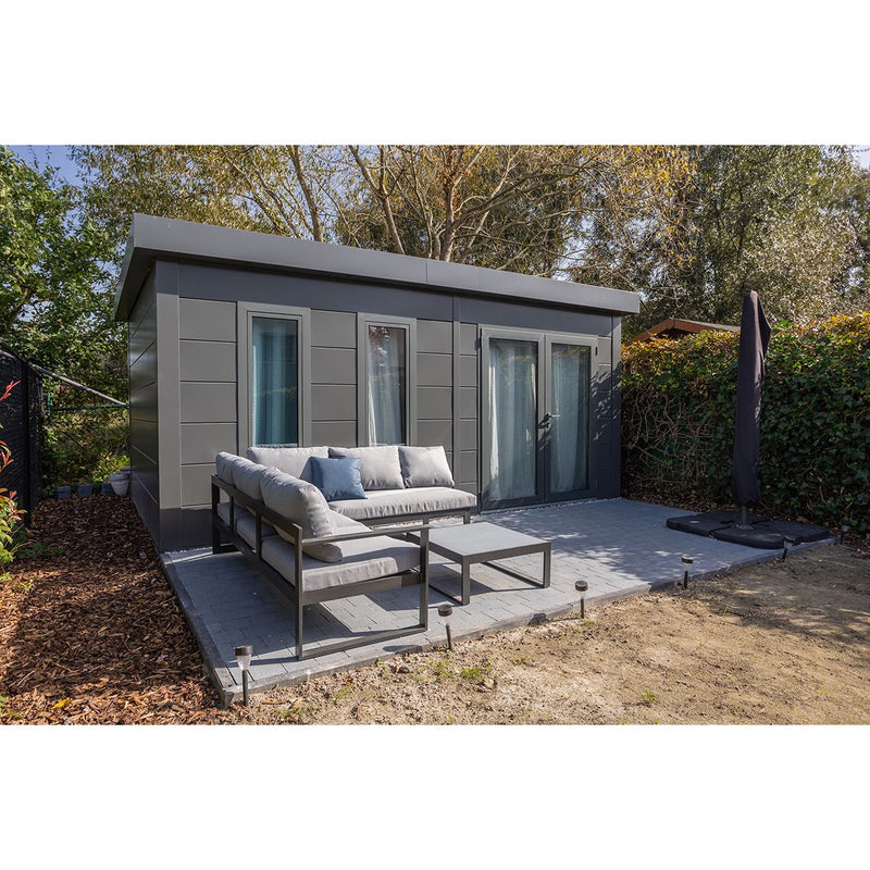 Telluria Luminato 5436 Plus steel garden room in anthracite, installed as a home office in a customer's garden